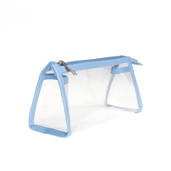 Mavi Renkli Üçgen Şeffaf Deri Fermuarlı Kalem Kutu & Makyaj Çantası