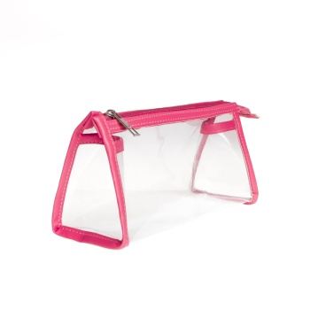 Pembe Renkli Üçgen Şeffaf Deri Fermuarlı Kalem Kutu & Makyaj Çantası