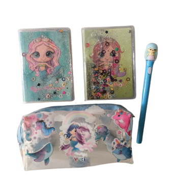 4lü Kırtasiye Seti - 2 Adet Minik Defter, Kalemlik ve Işıklı Jel Tükenmez Kalem  - Deniz Kızı Desenli