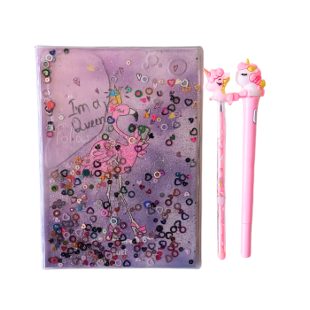 Simli ve Sulu Kapaklı A5 Defter ve 2 Adet Kalem - FlamingoDesenli