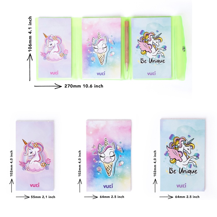 Unicorn Renkli Kapaklı Mini 3 Bölmeli Kalemli Defter