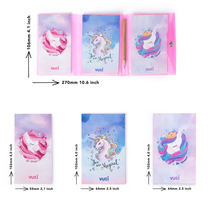 Unicorn Renkli Kapaklı Mini 3 Bölmeli Kalemli Defter