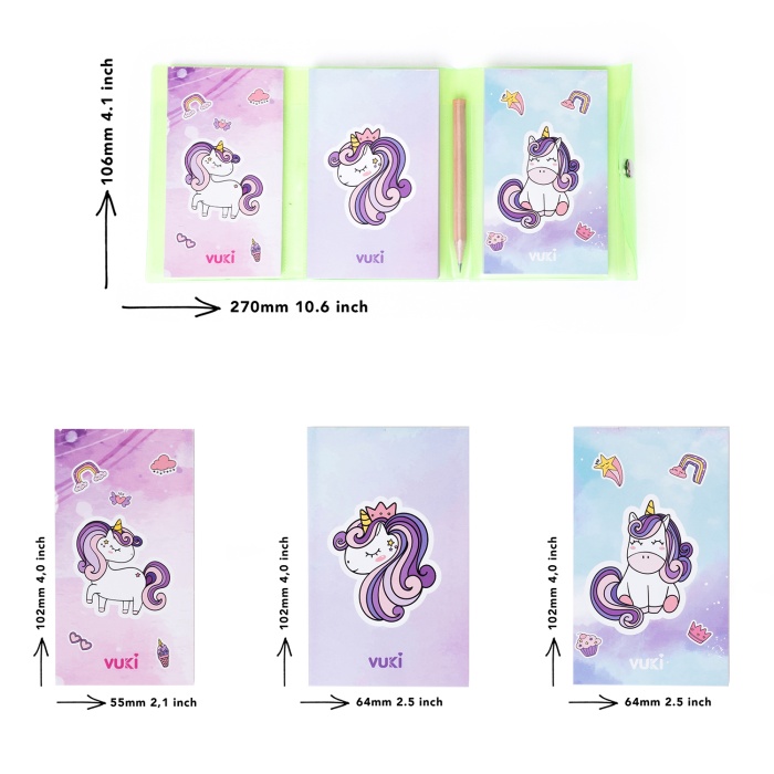 Unicorn Renkli Kapaklı Mini 3 Bölmeli Kalemli Defter