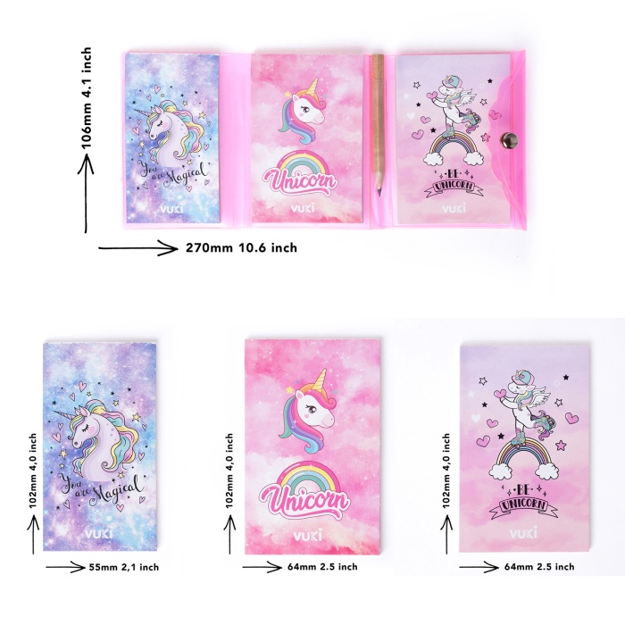 Unicorn Renkli Kapaklı Mini 3 Bölmeli Kalemli Defter