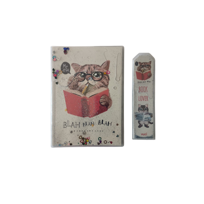 Kedi Desenli Simli ve Sulu Kapaklı Defter & Ayraç Set