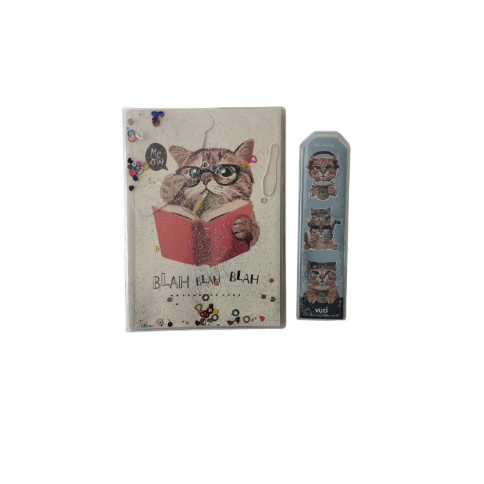 Kedi Desenli Simli ve Sulu Kapaklı Defter & Ayraç Set