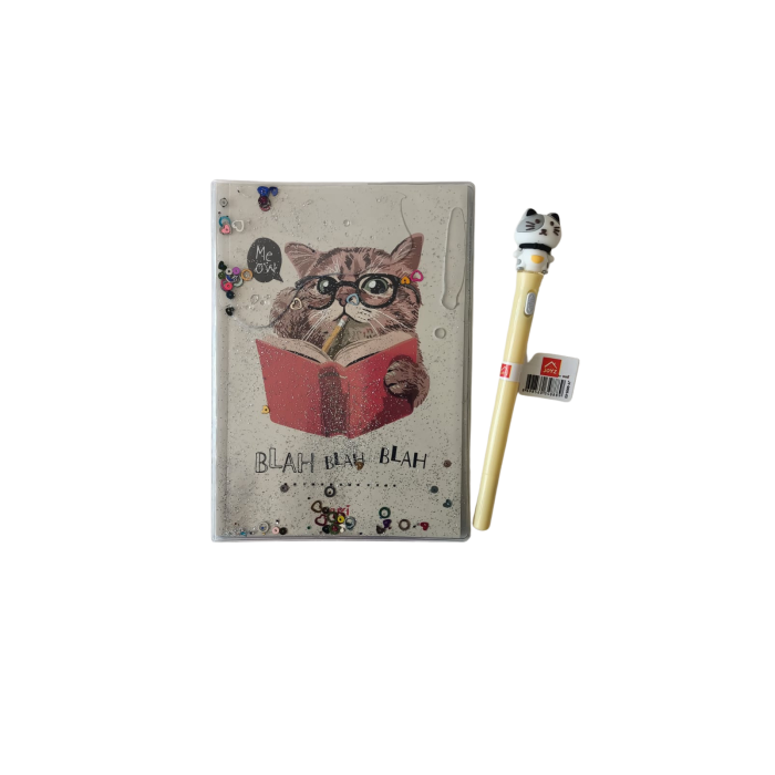 Kedi Desenli Simli ve Sulu Kapaklı Defter & Kalem Set