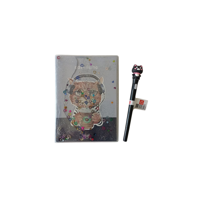 Kedi Desenli Simli ve Sulu Kapaklı Defter & Kalem Set