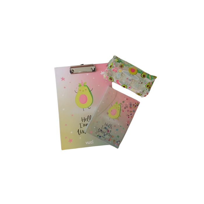 Simli ve Sulu Kapaklı A5 Defter, Kalemlik ve Sekreterlik Set - Avokado Desenli