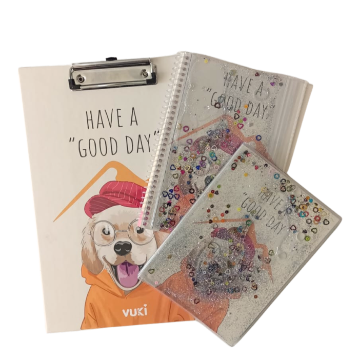 Sekreterlik ve 2 Adet Simli ve Sulu Kapaklı Defter 3lü Set - Köpek Desenli