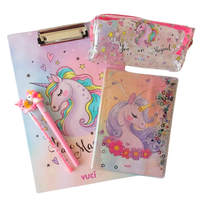 5li Kırtasiye Seti- Defter, Kalem, Kalemlik ve Sekreterlik - Unicorn Desenli