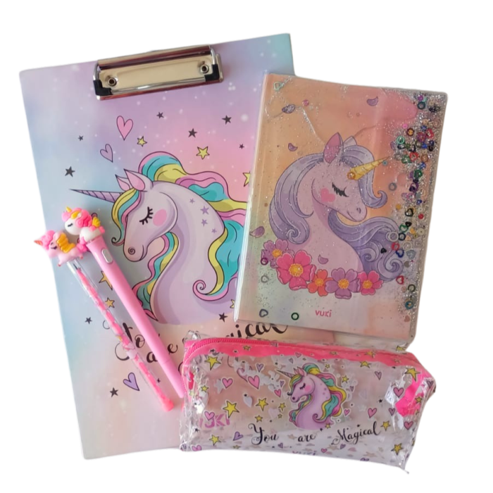 5li Kırtasiye Seti- Defter, Kalem, Kalemlik ve Sekreterlik - Unicorn Desenli
