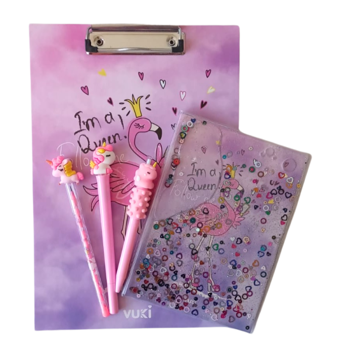 5lİ Kırtasiye Seti- A5 Defter, 3 Adet Kalem, Sekreterlik - FlamingoDesenli