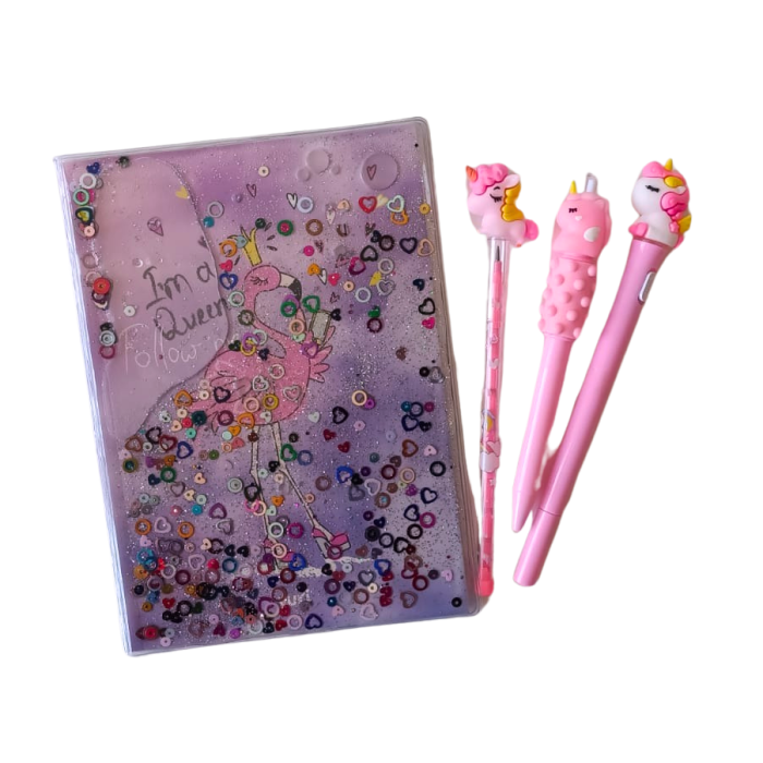 Simli ve Sulu Kapaklı A5 Defter ve 3 Adet Kalem 4lü Set- FlamingoDesenli