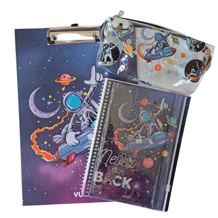 Kalem Kutulu A5 Defter, Kalemlik ve Sekreterlik 3lü Kırtasiye Seti- Astronot Desenli