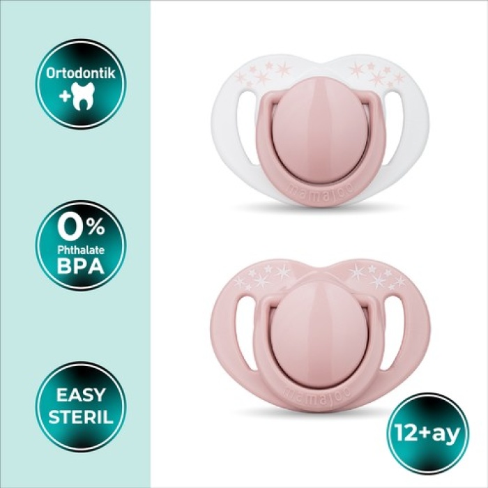 Mamajoo Powder Ortodontik Emzik  Sterilizasyon Saklama Kutulu 12 Ay+ 2Li - Pembe