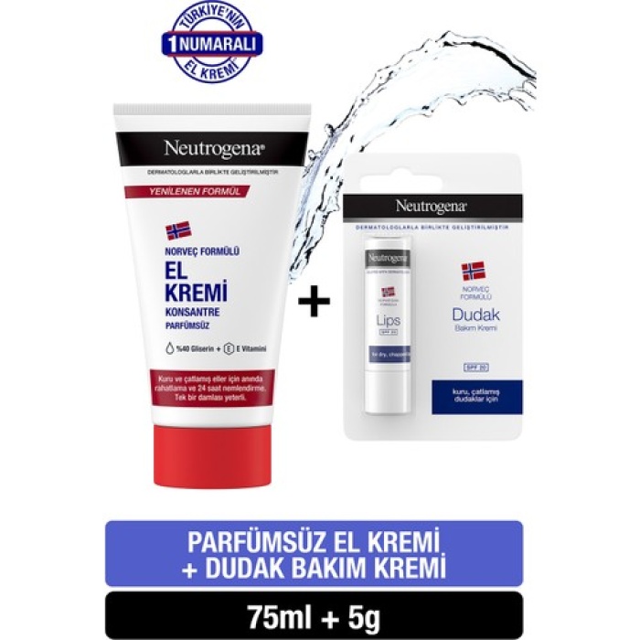Neutrogena El Kremi Parfümsüz 75Ml + Dudak Bakım Kremi Spf20 5Gr