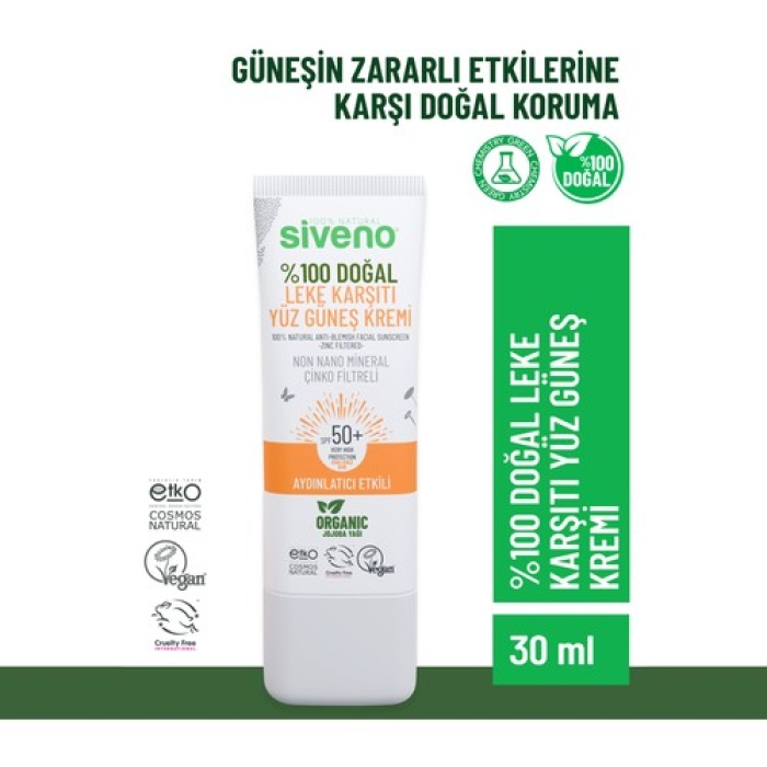 Sıveno %100 Doğal Leke Karşıtı Spf 50+ Yüz Güneş Kremi 30Ml