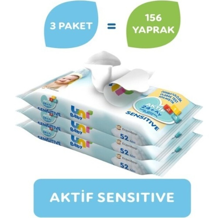 Uni Baby Islak Mendil Aktif Sensıtıve 3 X 52 Lı (24+ Ay)