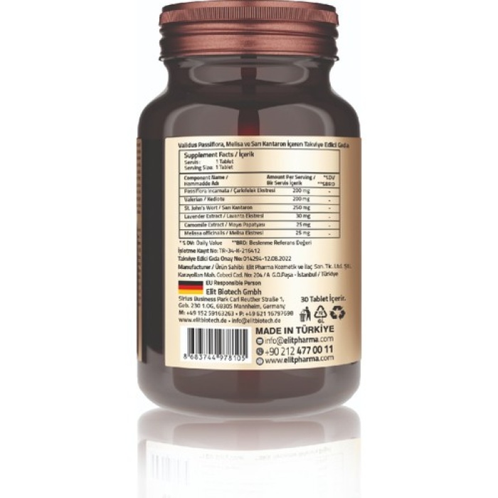 Valıdus Passıflora Valerıan + Lavander + Camomılle + St. JohnS Wort + Melıssa 30 Tablets