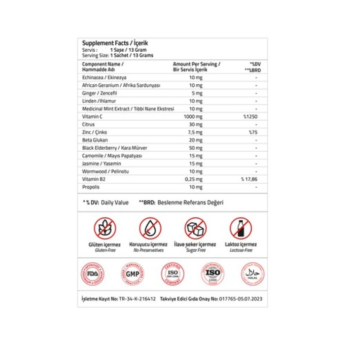 Validus Hot Herbal Complex Vitamin C 1000 Mg Karamürver 50 Mg Propolis 10 Mg - 13 Gr 12 Sachet