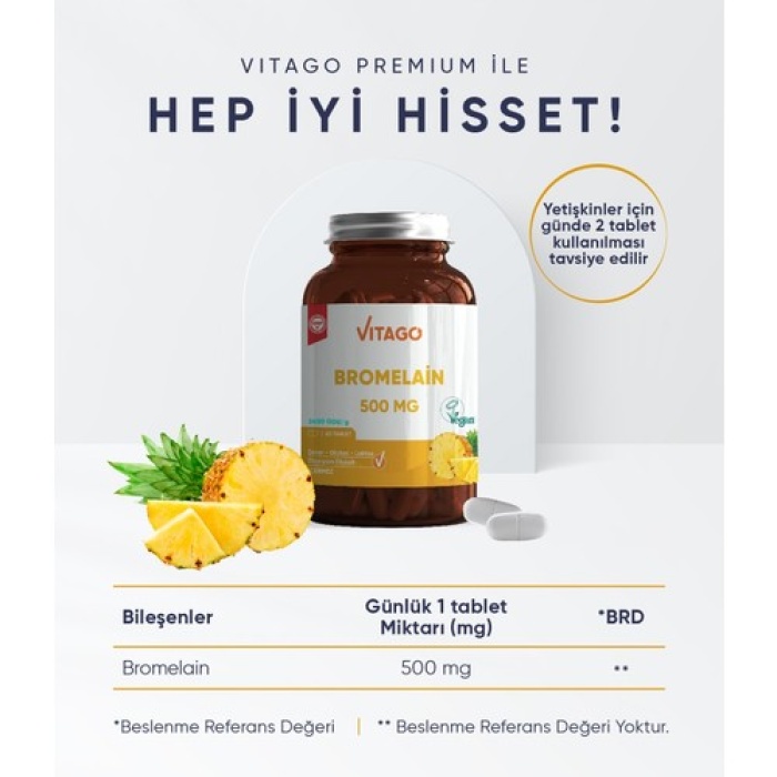 Vıtago Bromelaın 500 Mg 60 Tablet Takvıye Edıcı Gıda