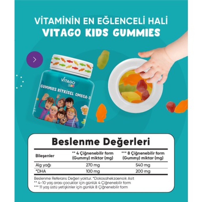 Vıtago Kıds Gummıes Bıtkısel Omega-3 Iceren Cıgnenebılır Form (Rafadan Tayfa)