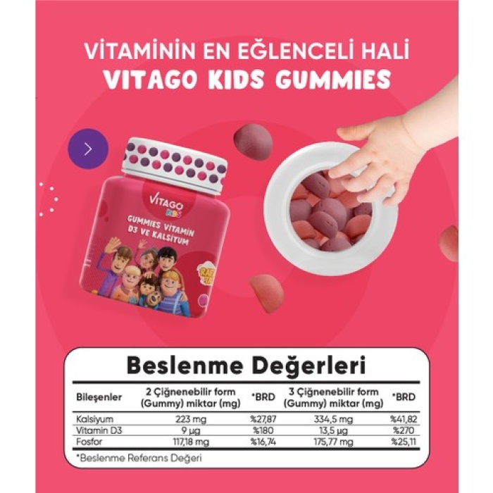 Vıtago Kıds Gummıes Vıtamın D3, Kalsıyum Iceren Cıgnenebılır Form