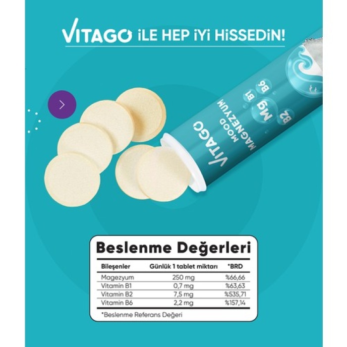 Vıtago Mood Magnezyum, Vıtamın B1, Vıtamın B2 Ve Vıtamın B6 Iceren Efervesan Tablet 20Lı