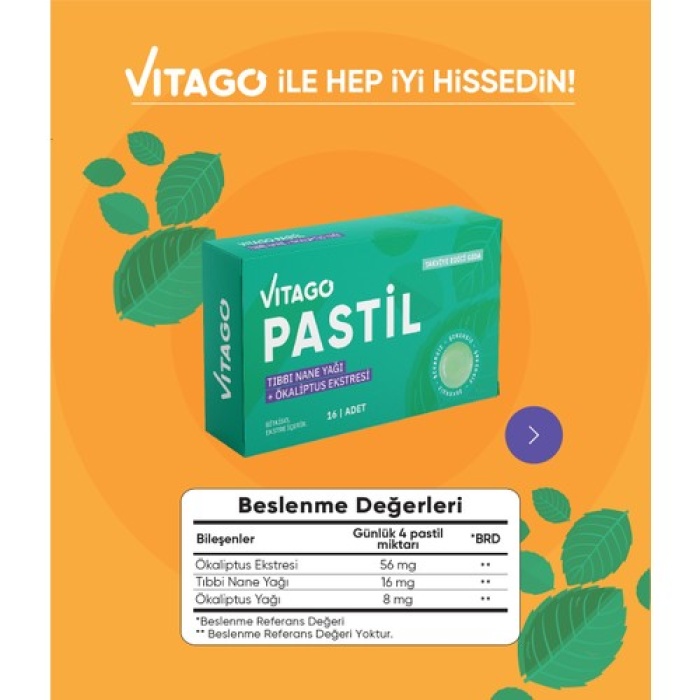 Vıtago Pastıl Tıbbı Nane Ve Okalıptus Yagı Iceren 16 Lı Pastıl Takvıye Edıcı Gıda