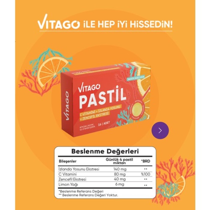 Vıtago Pastıl Vıtamın C 16 Lı, Izlanda Yosunu Ve Zencefıl Ekstresı Iceren Pastıl Takvıye Edıcı Gıda