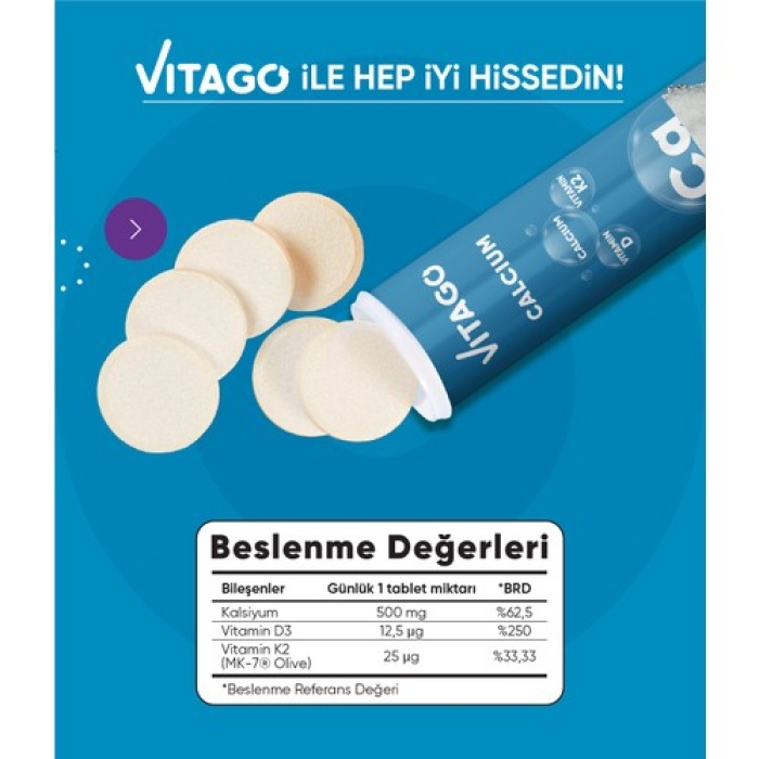 Vıtago Prokalsıyum, Vıtamın D + Vıtamın K2 Iceren 20Lı Efervesan Tablet