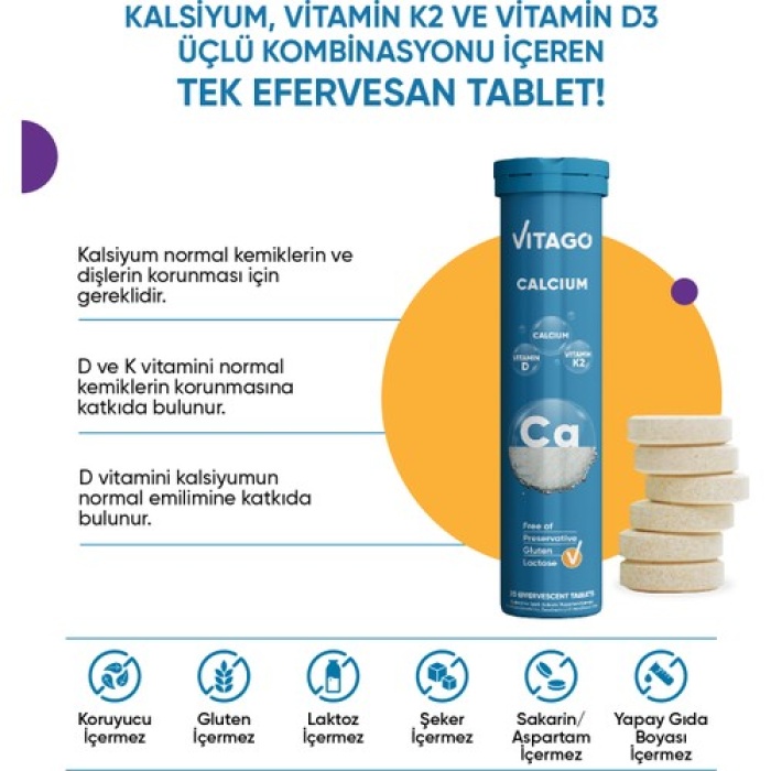 Vıtago Prokalsıyum, Vıtamın D + Vıtamın K2 Iceren 20Lı Efervesan Tablet