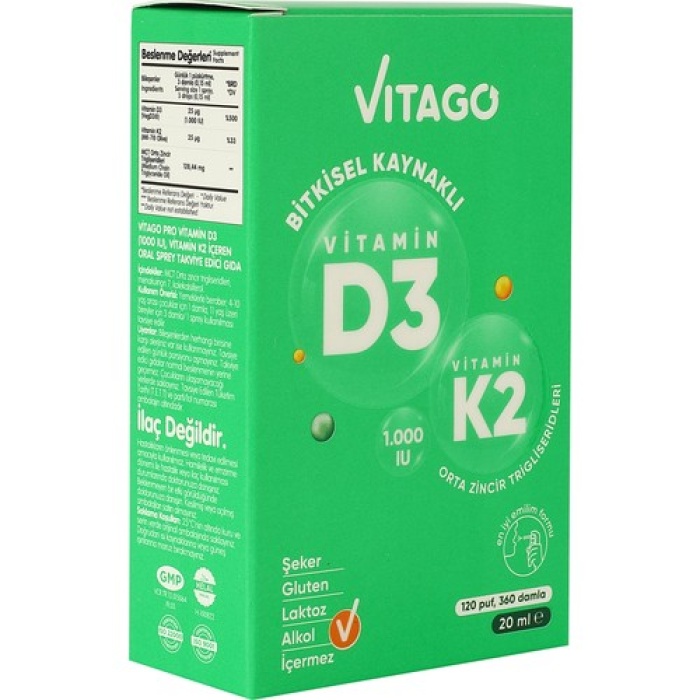 Vıtago Provıtamın D3 (1000 Iu) + Vıtamın K2 Iceren 20 Ml Bıtkısel Bazlı Oral Sprey
