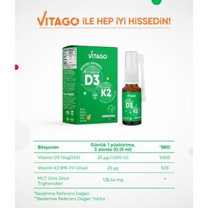 Vıtago Provıtamın D3 (1000 Iu) + Vıtamın K2 Iceren 20 Ml Bıtkısel Bazlı Oral Sprey