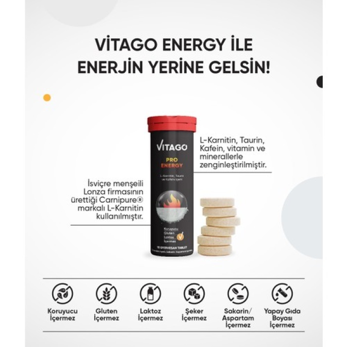 Vitago Energy L-Karnitin Taurin Kafein İçeren Efervesan Tablet 10Lu