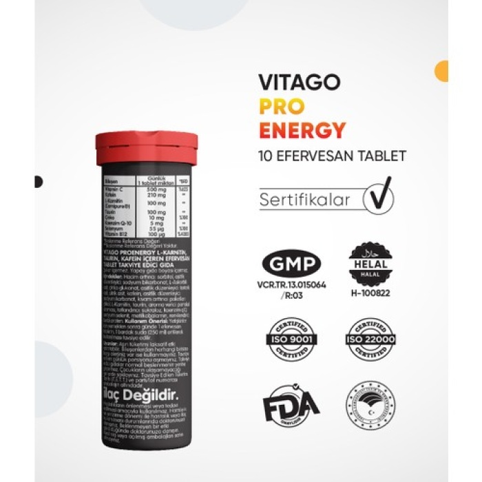 Vitago Energy L-Karnitin Taurin Kafein İçeren Efervesan Tablet 10Lu