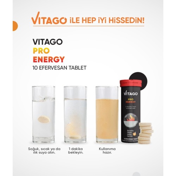 Vitago Energy L-Karnitin Taurin Kafein İçeren Efervesan Tablet 10Lu
