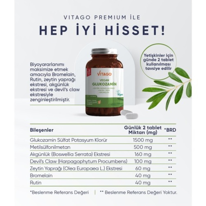 Vitago Premium Vegan Glukozamin Bromelain Rutin 60 Tablet