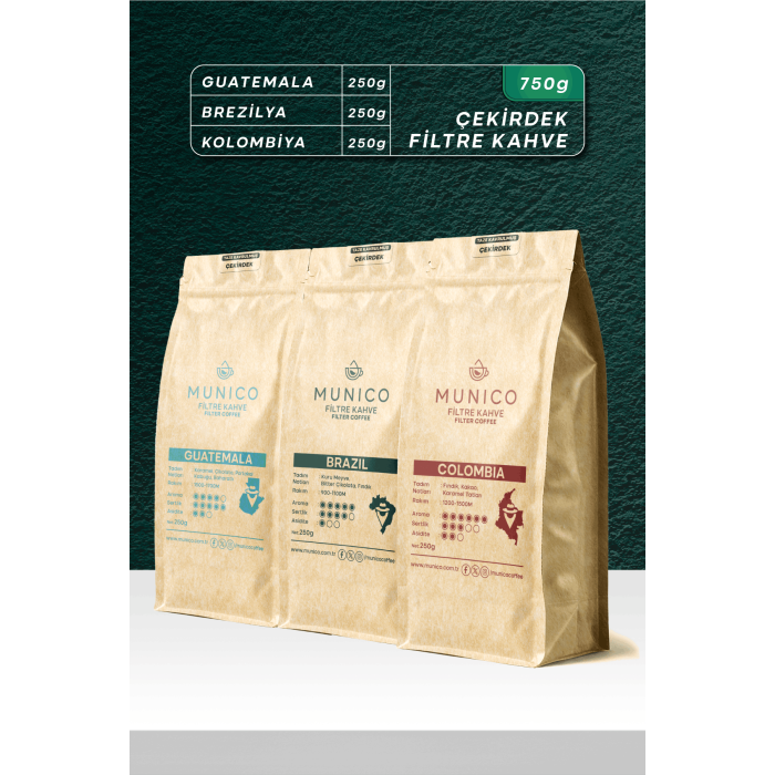 Munico Guatemala-Brezilya-Kolombiya Çekirdek Kahve Tadım Paketi 3X250gr (750gr)