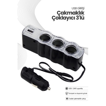 Araç Çakmaklık Çoklayıcı – USB Çıkışlı 3’lü Oto Çakmak Soketi (12V/24V)