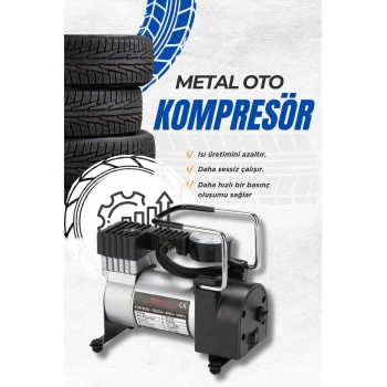 Metal Gövdeli Oto Lastik Şişirme Pompası – 12V Araç Tipi Hava Kompresörü (Çakmak Girişli)