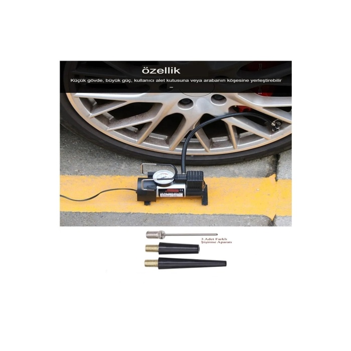 Metal Gövdeli Oto Lastik Şişirme Pompası – 12V Araç Tipi Hava Kompresörü (Çakmak Girişli)