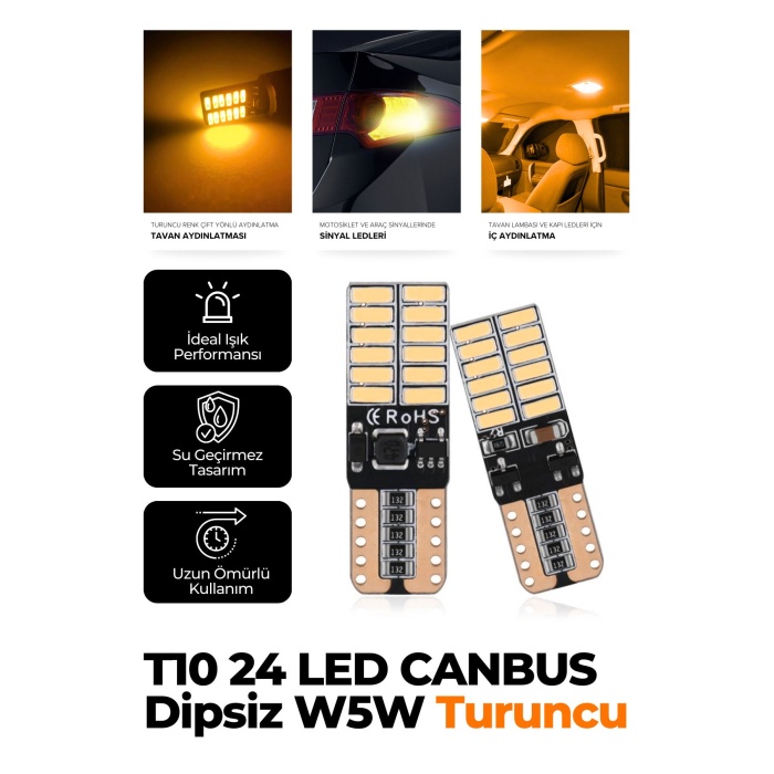 T10 Dipsiz W5w Canbus 24 Ledli Turuncu Park Plaka Ampulü (2 ADET)