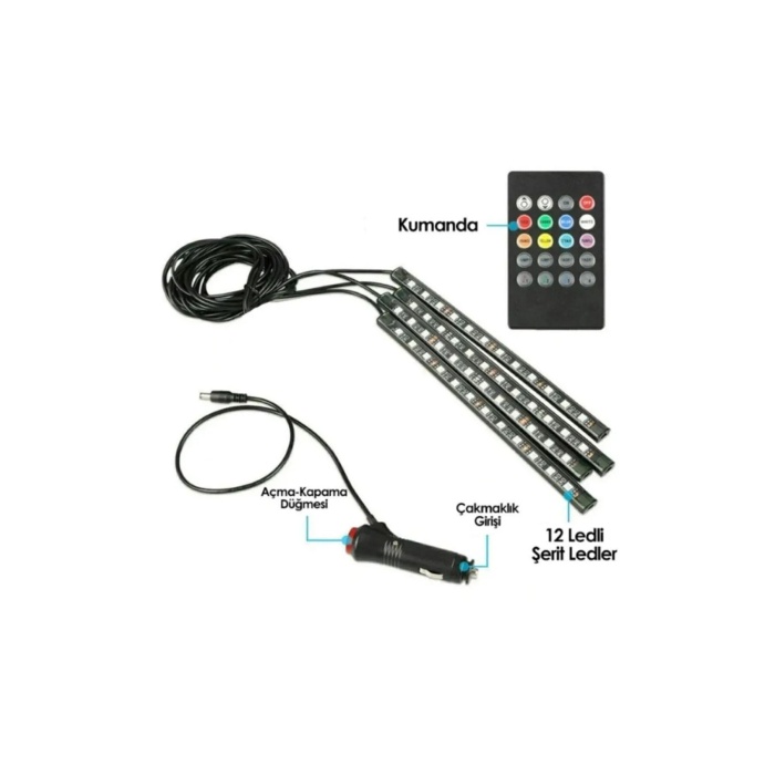 Araç Içi Ayak Altı Led Müziğe Ve Sese Duyarlı Rgb Renkli Kumandalı Led 12 Led