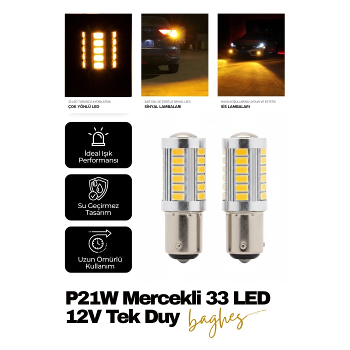P21w Mercekli Led 93 Sinyal Stop Ampul 33 Led 12v Tek Duy Düz Tırnak