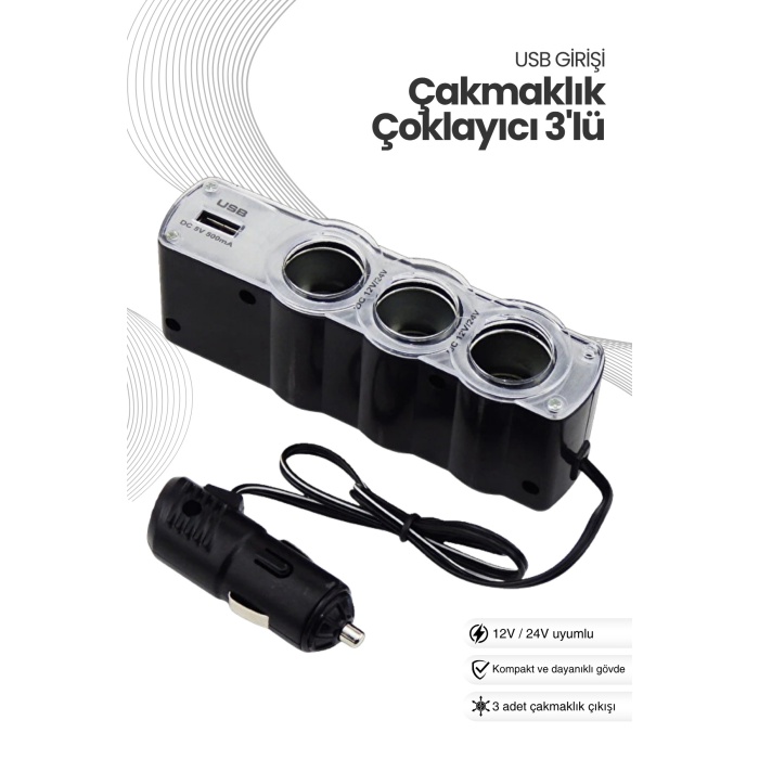 Araç Çakmaklık Çoklayıcı – USB Çıkışlı 3’lü Oto Çakmak Soketi (12V/24V)