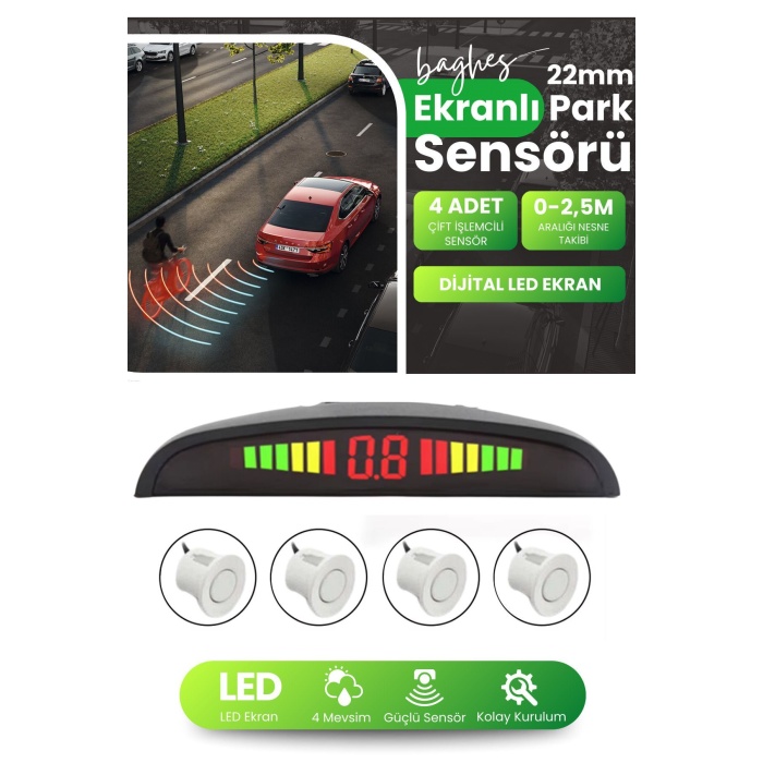 Dijital Ekranlı Sesli Araç Park Sensörü – 22 mm Beyaz Göz, Sesli Uyarı