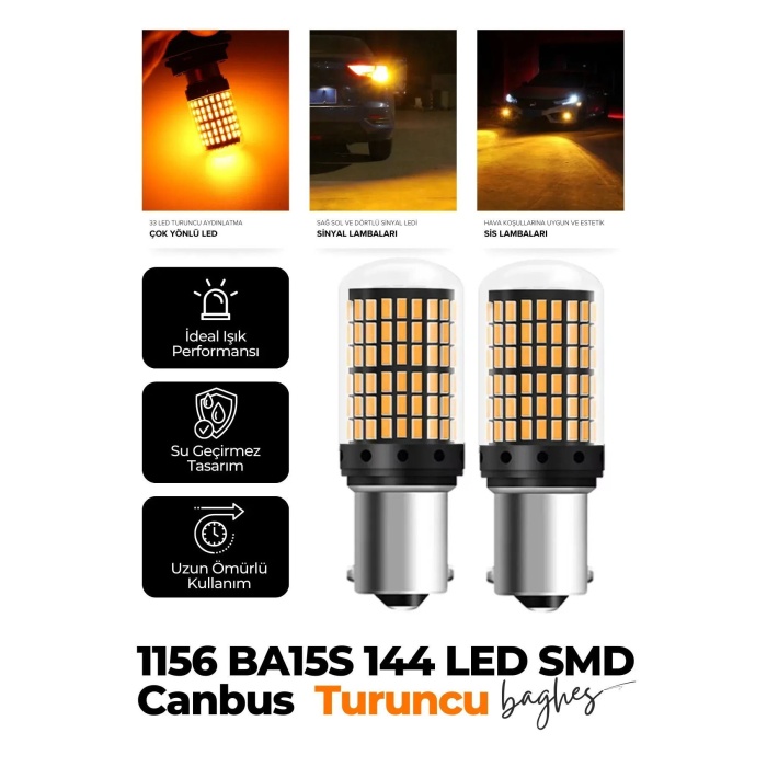 P21w SMD 1156 144 Ledli Geri Vites Park Ampül Tek Duy Turuncu 2 Adet