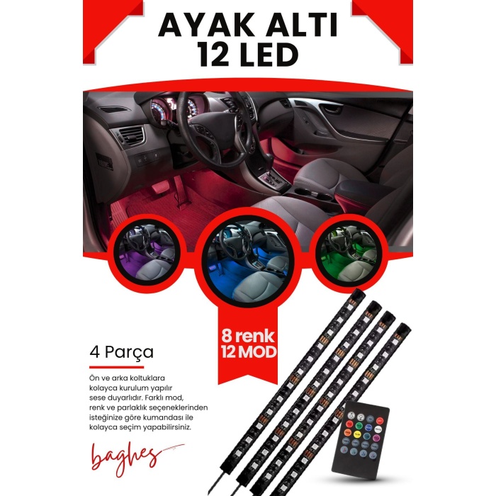 Araç Içi Ayak Altı Led Müziğe Ve Sese Duyarlı Rgb Renkli Kumandalı Led 12 Led